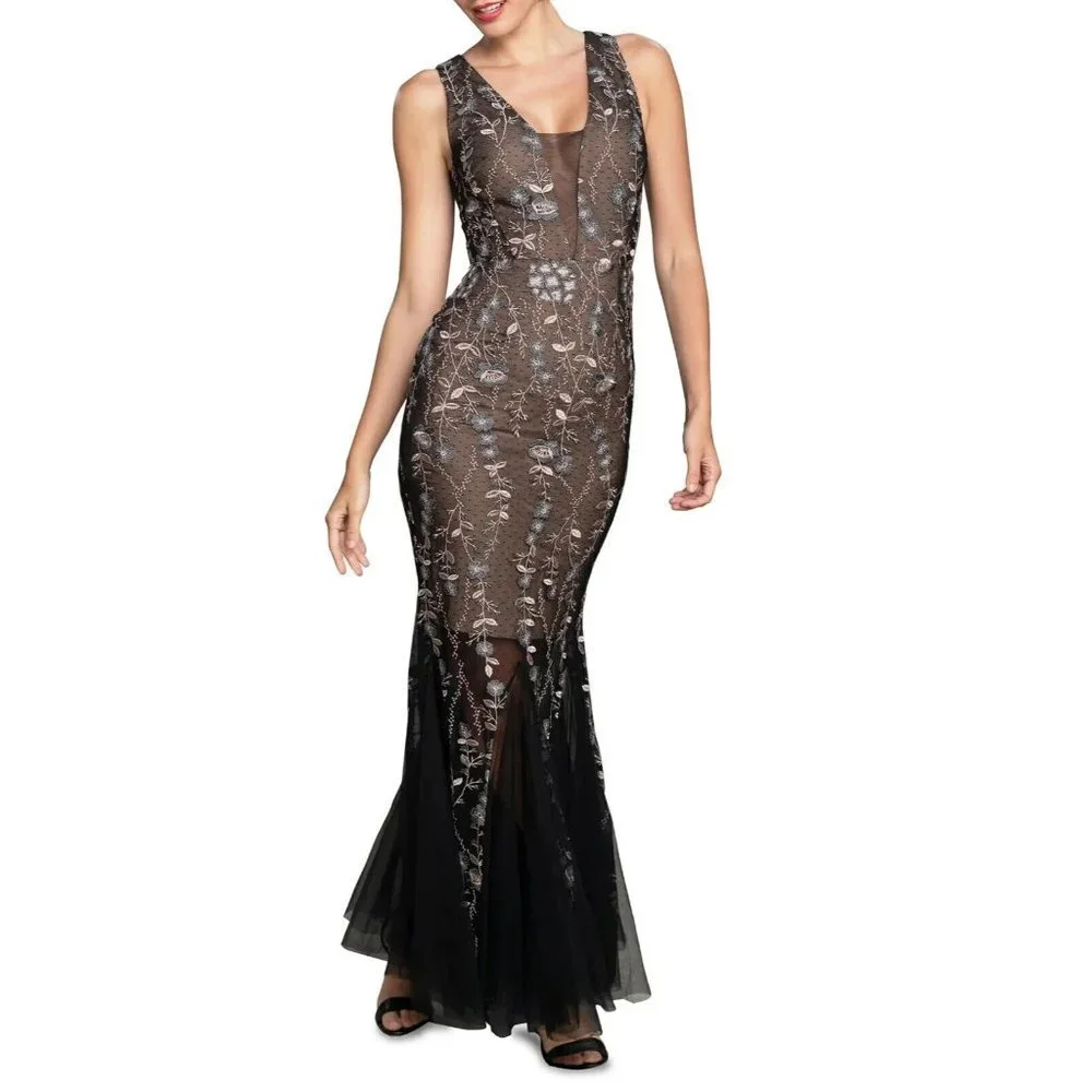 Dress The Population Selena Floral Embroidery‎ Sleeveless Body-Con Gown Sz Small